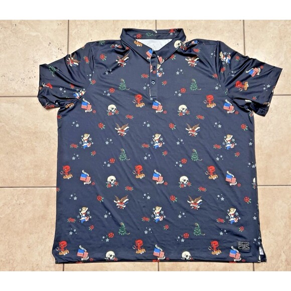 Grunt Style Shirt Mens 3XL Blue Golf Polo Patriotic July 4th America Skull AOP - Picture 2 of 8